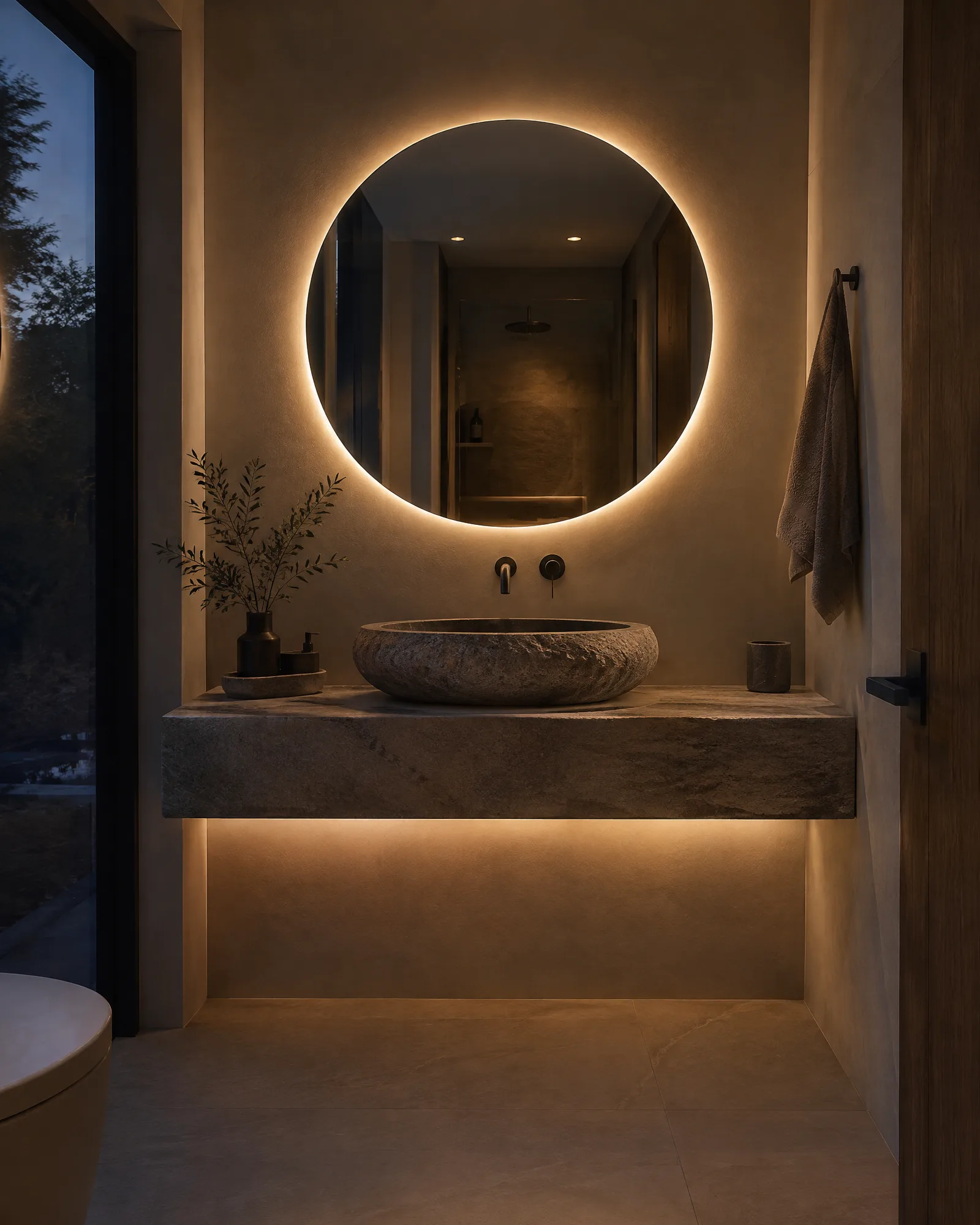 Bathroom with a backlit round mirror