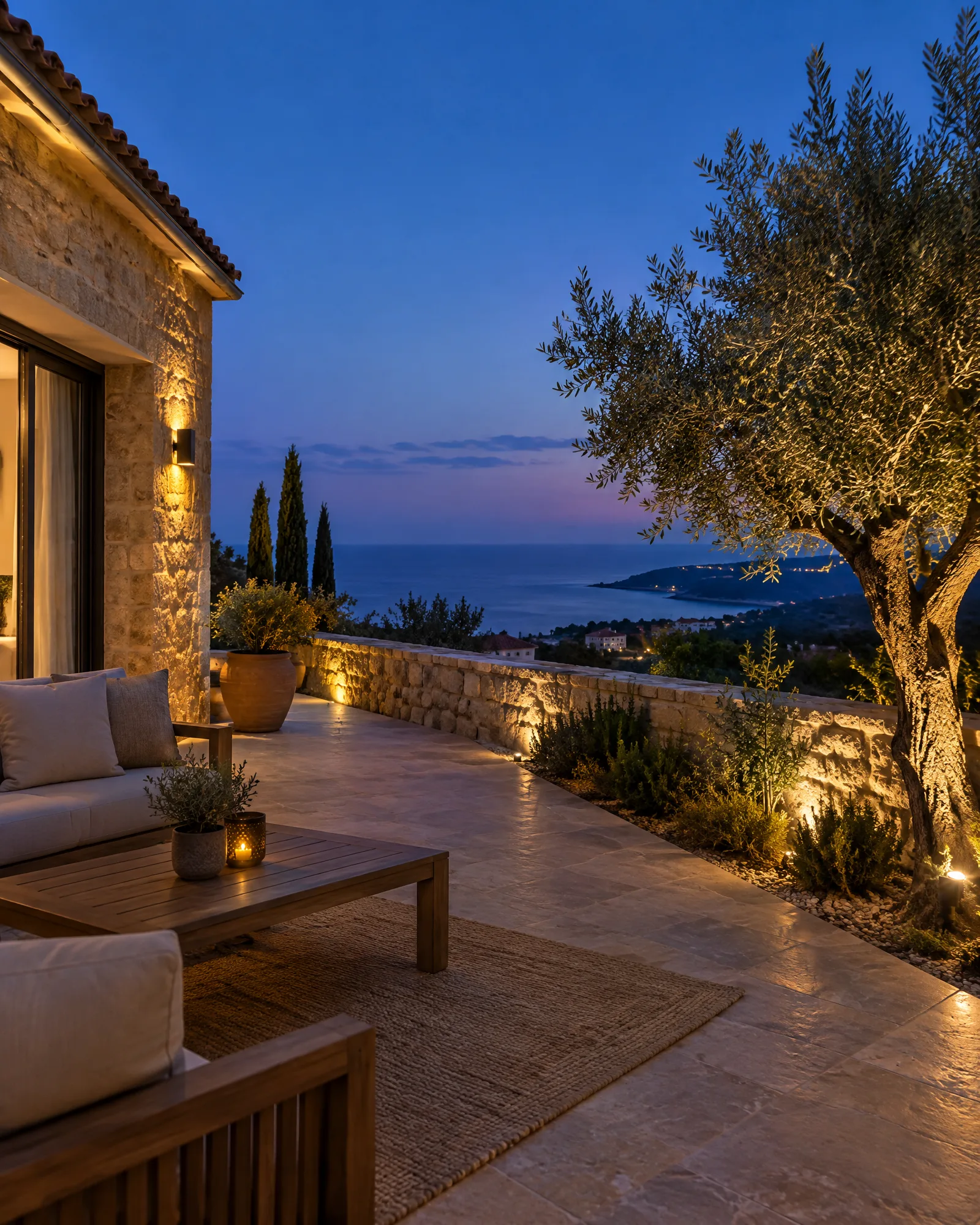 Terrace with warm wall lights and garden spots at dusk