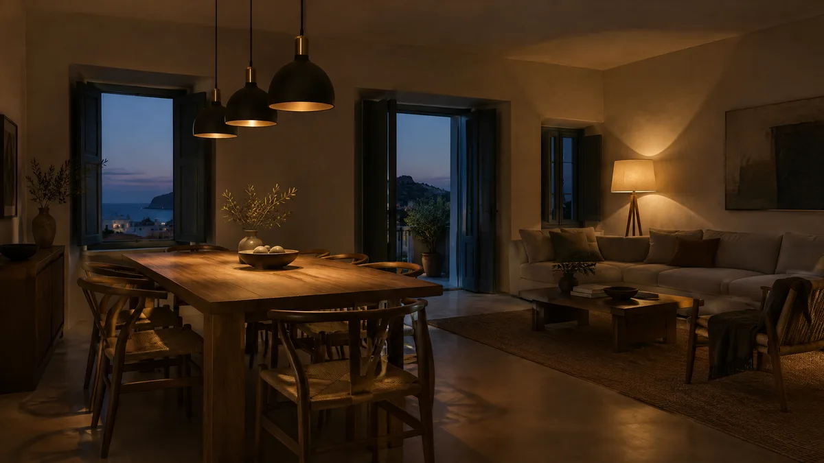 Living room lit with warm white light