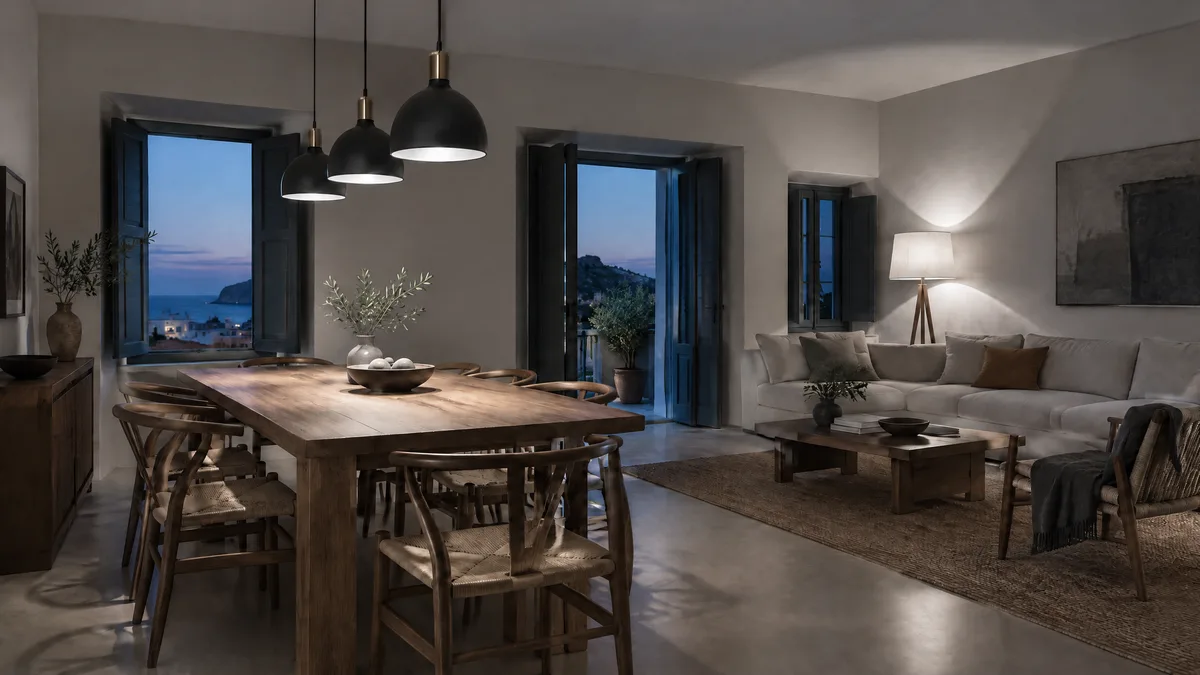 The same living room lit with neutral white light