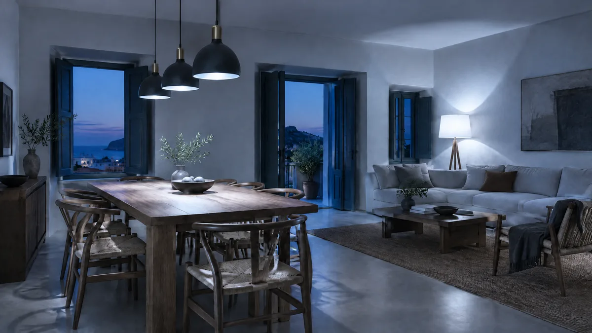 The same living room lit with cool daylight