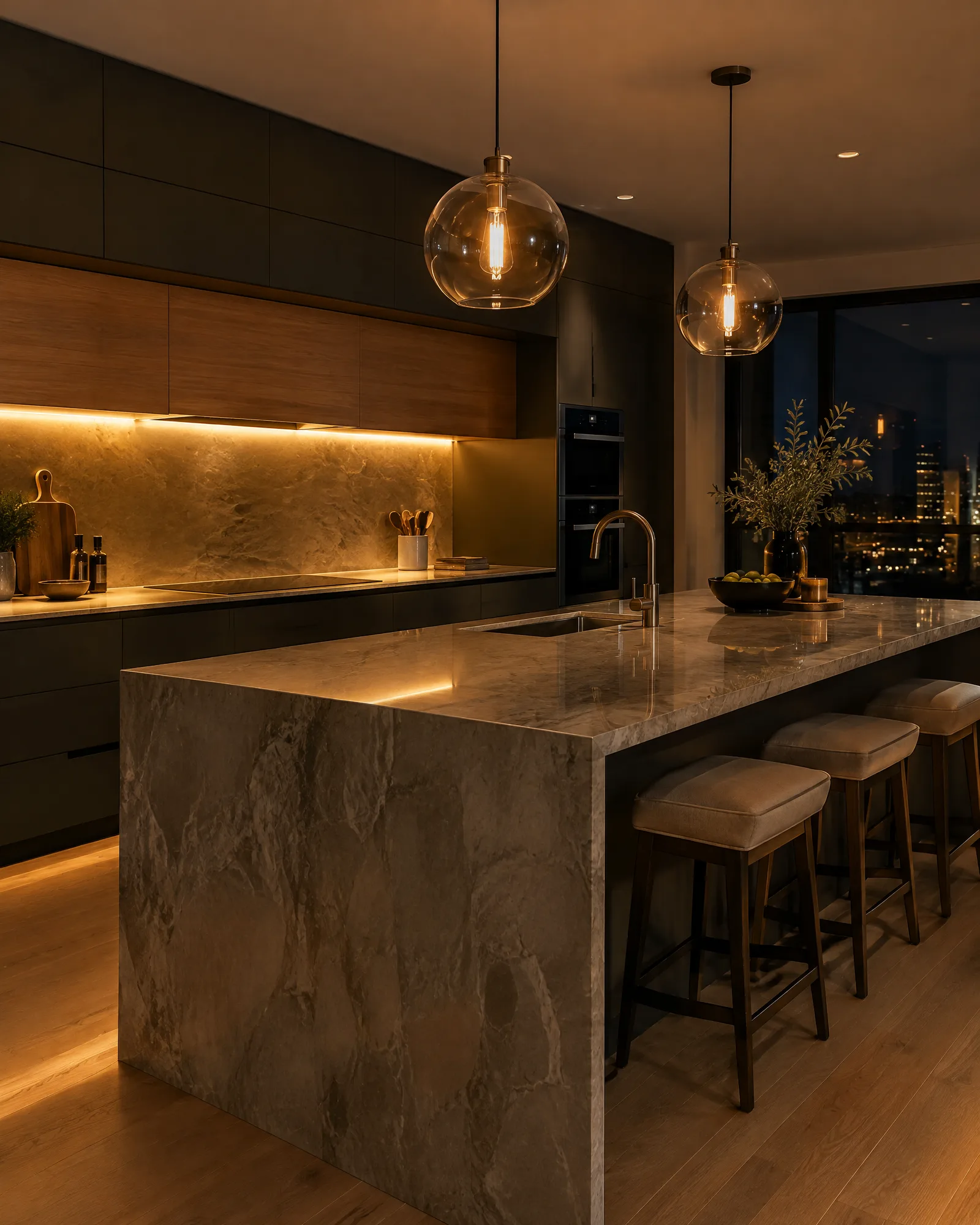 Kitchen island with glass pendants and LED strips